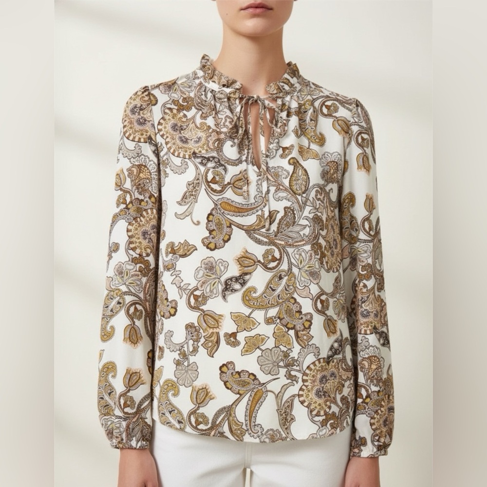 Tamara H. Cream With Floral Pattern Long Sleeve Chiffon Blouse size XS